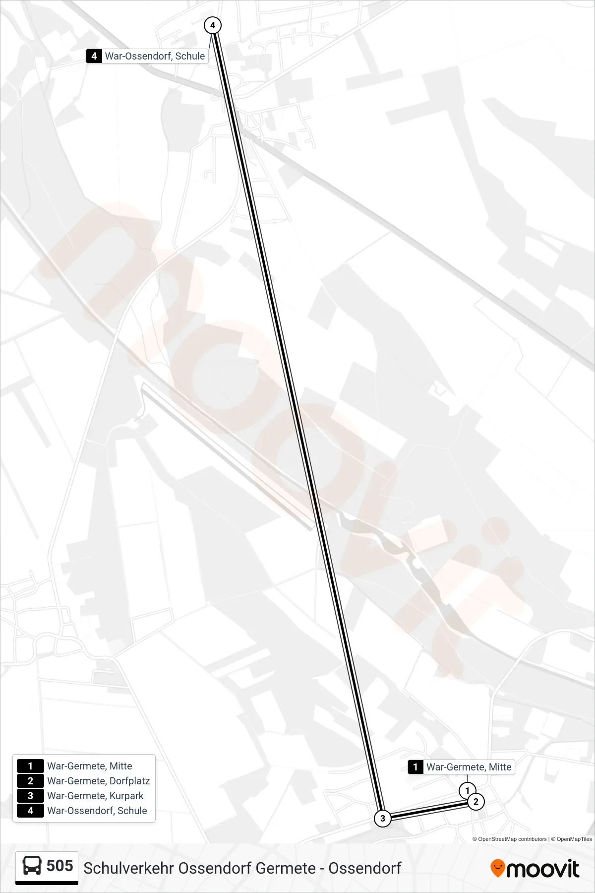 505 bus Line (War-Ossendorf, Schule) route and stops on a map