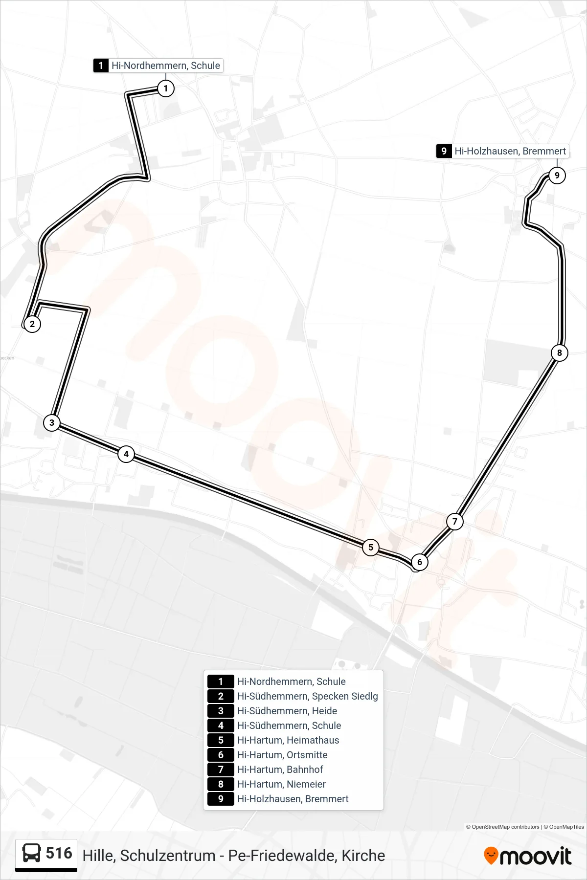 516 bus Line (Holzhausen Bremmert) route and stops on a map