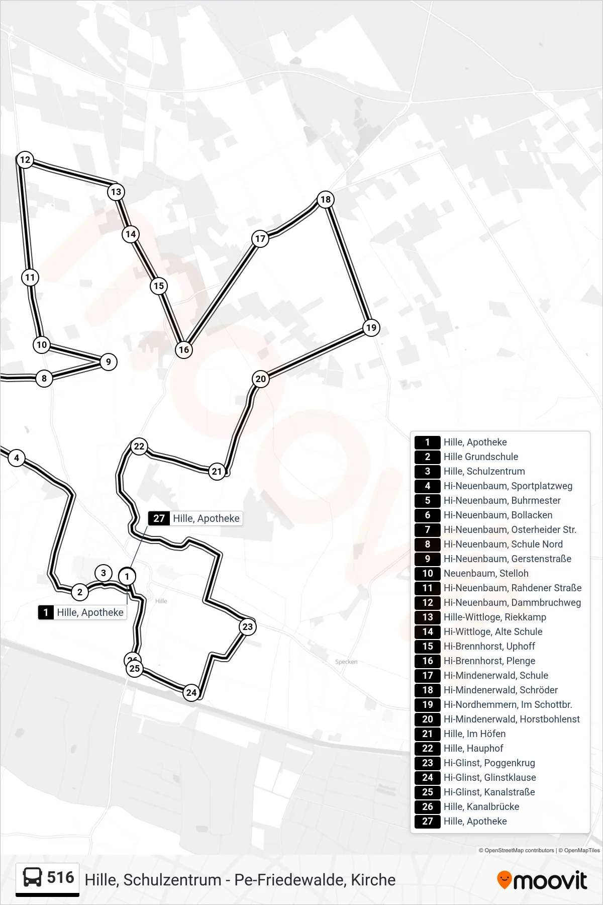 516 bus Line (Hille) route and stops on a map
