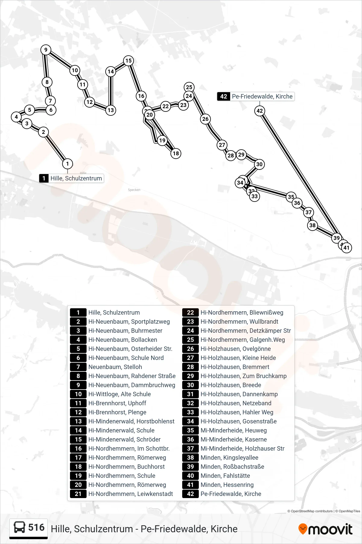 516 bus Line (Friedewalde - Hille) route and stops on a map
