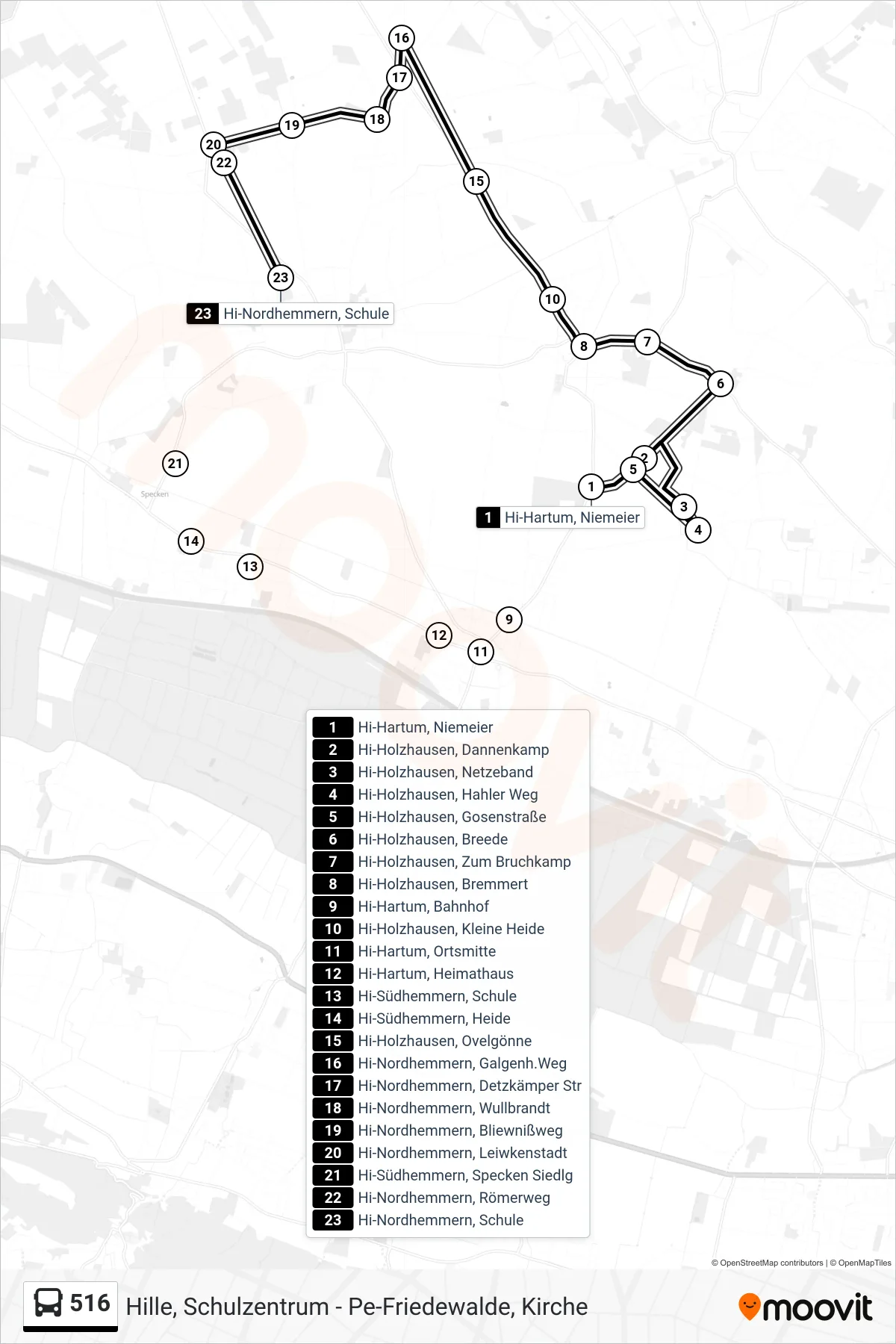 516 bus Line (Nordhemmern Schule) route and stops on a map