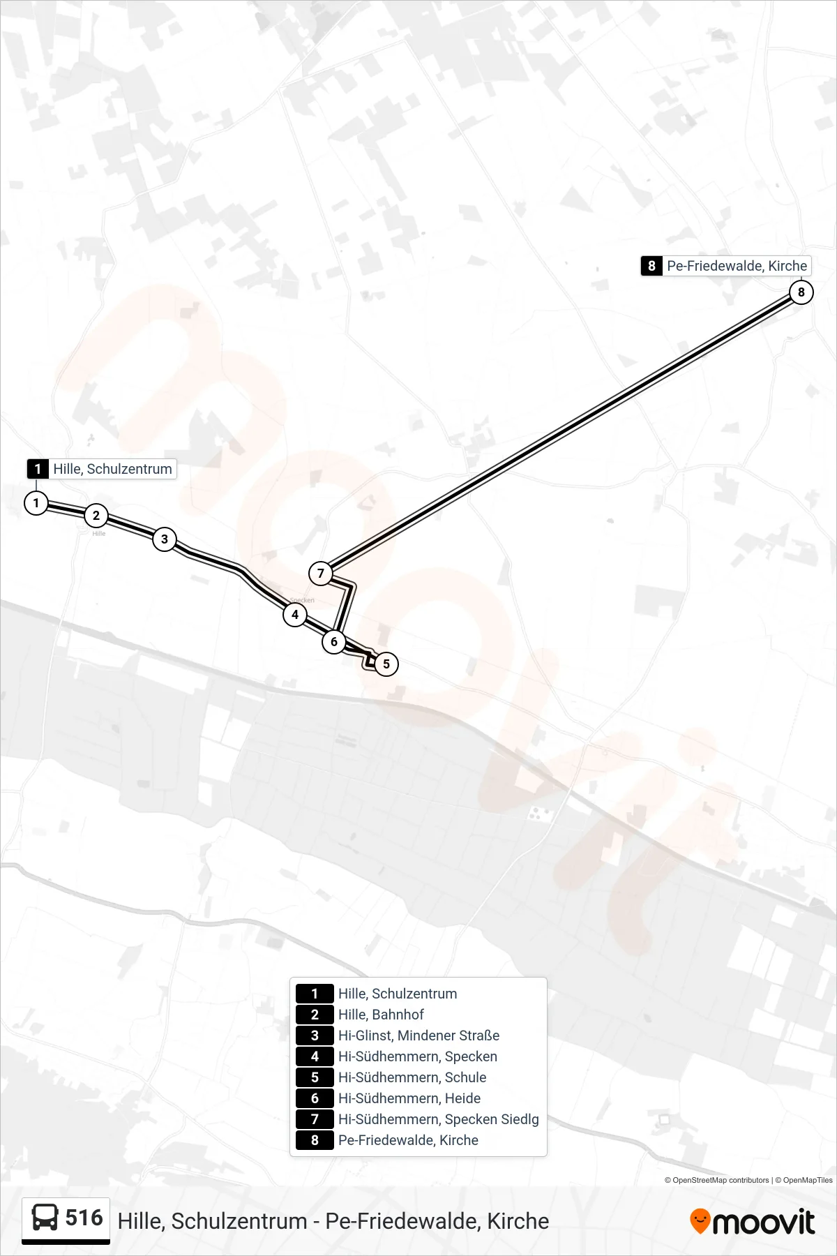 516 bus Line (Friedewalde Kirche) route and stops on a map