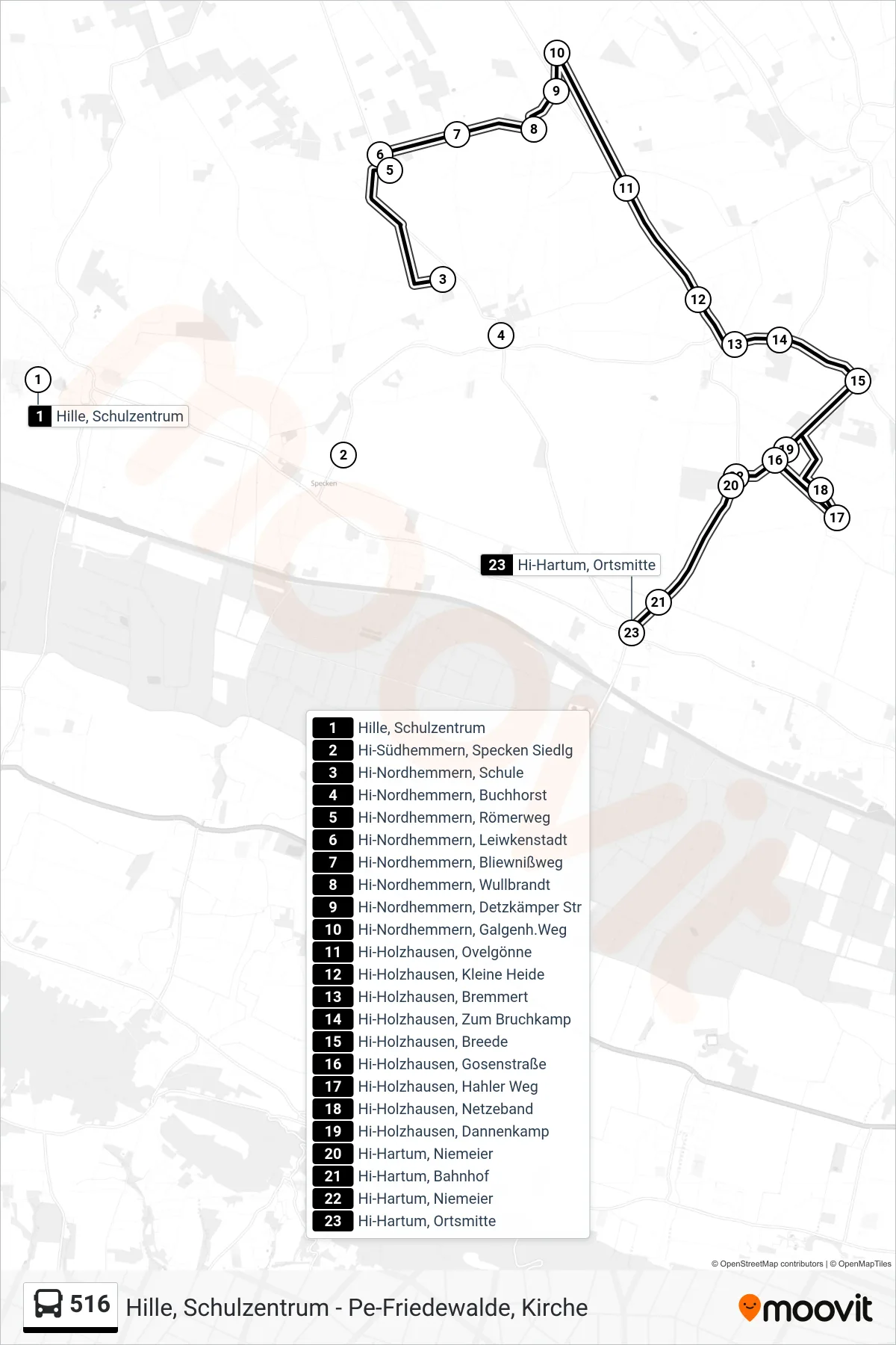 516 bus Line (Hartum Bahnhof) route and stops on a map