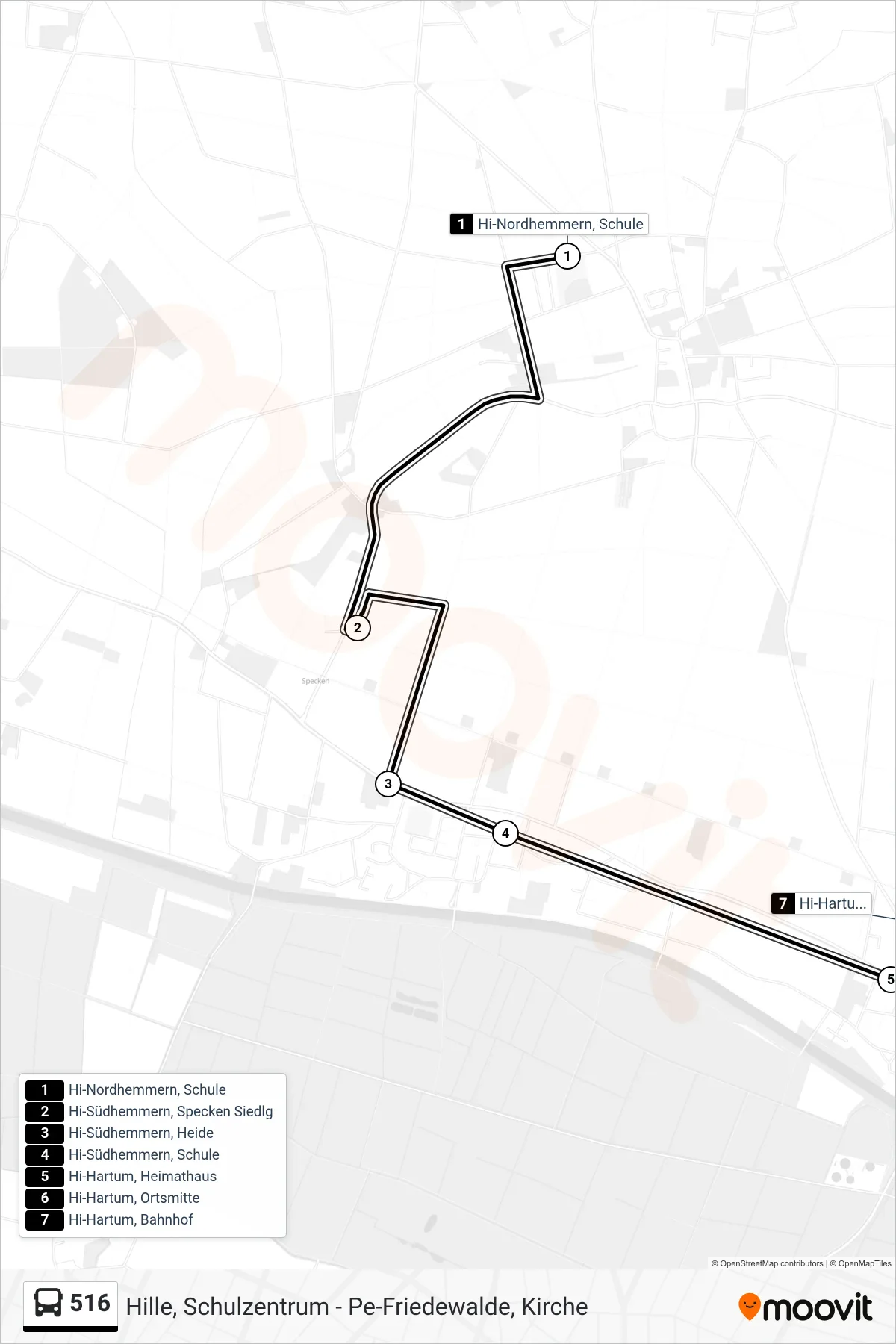 516 bus Line (Hartum) route and stops on a map