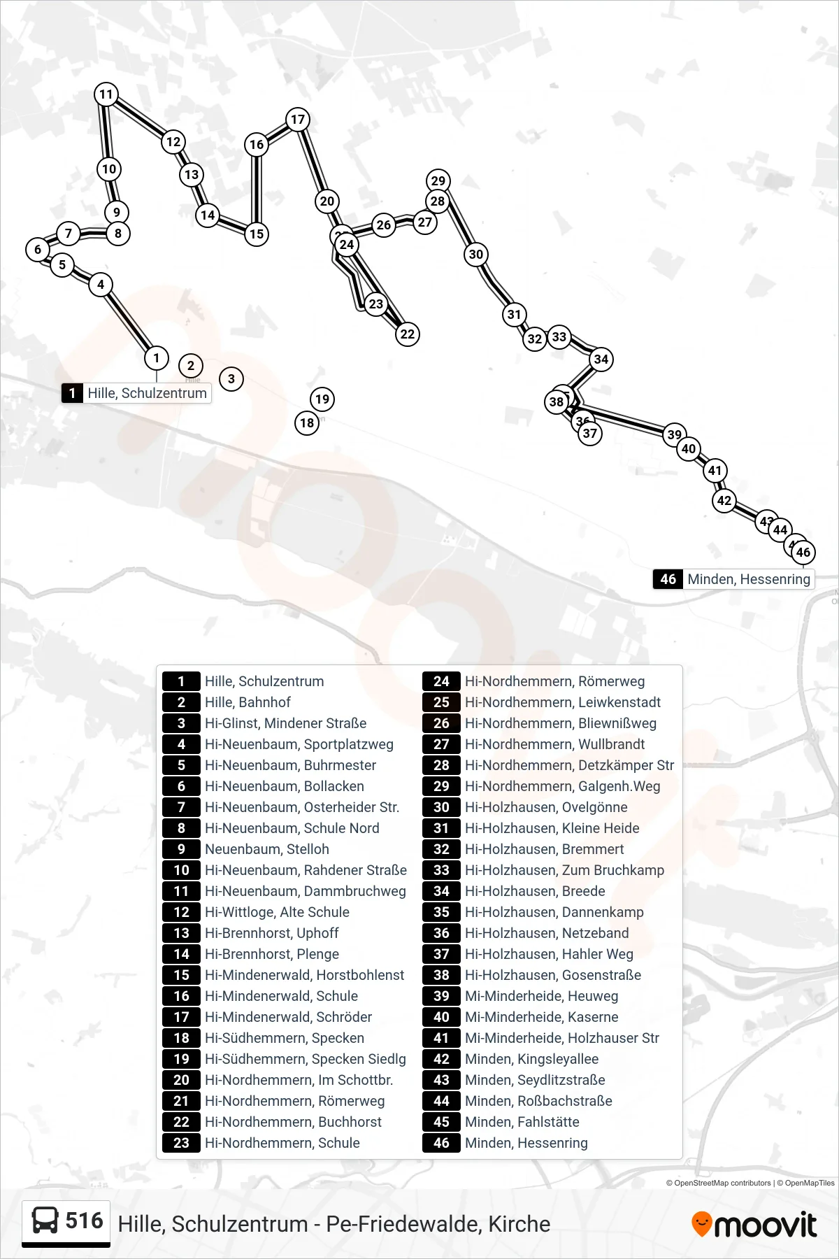 516 bus Line (Minden Hessenring) route and stops on a map