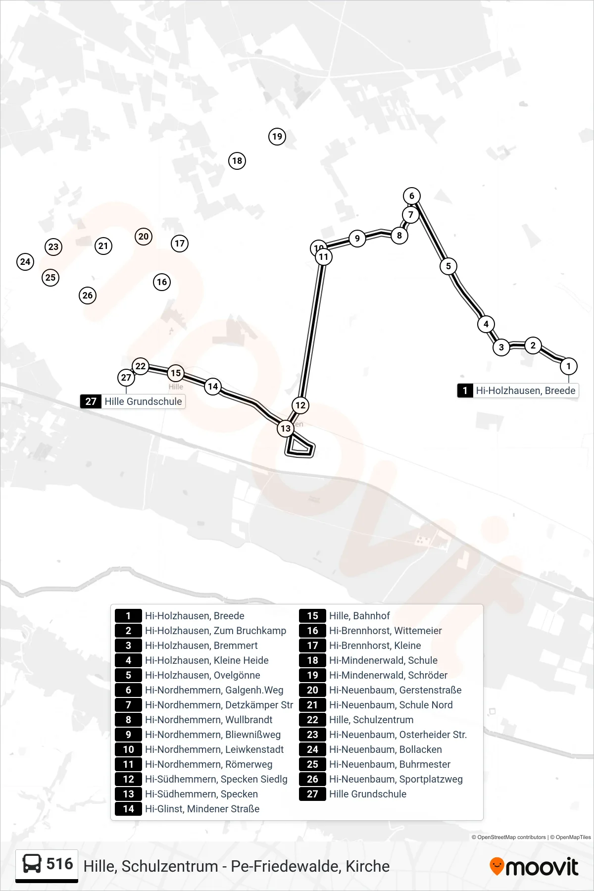 516 bus Line (Hille Grundschule) route and stops on a map