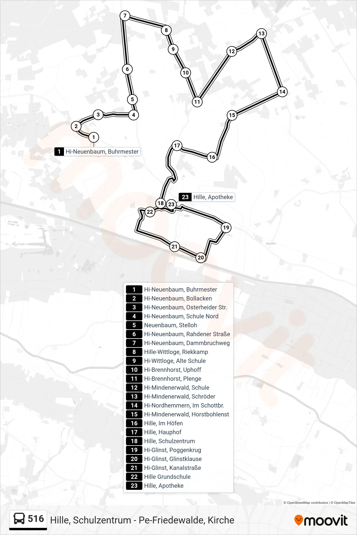 516 bus Line (Hille) route and stops on a map