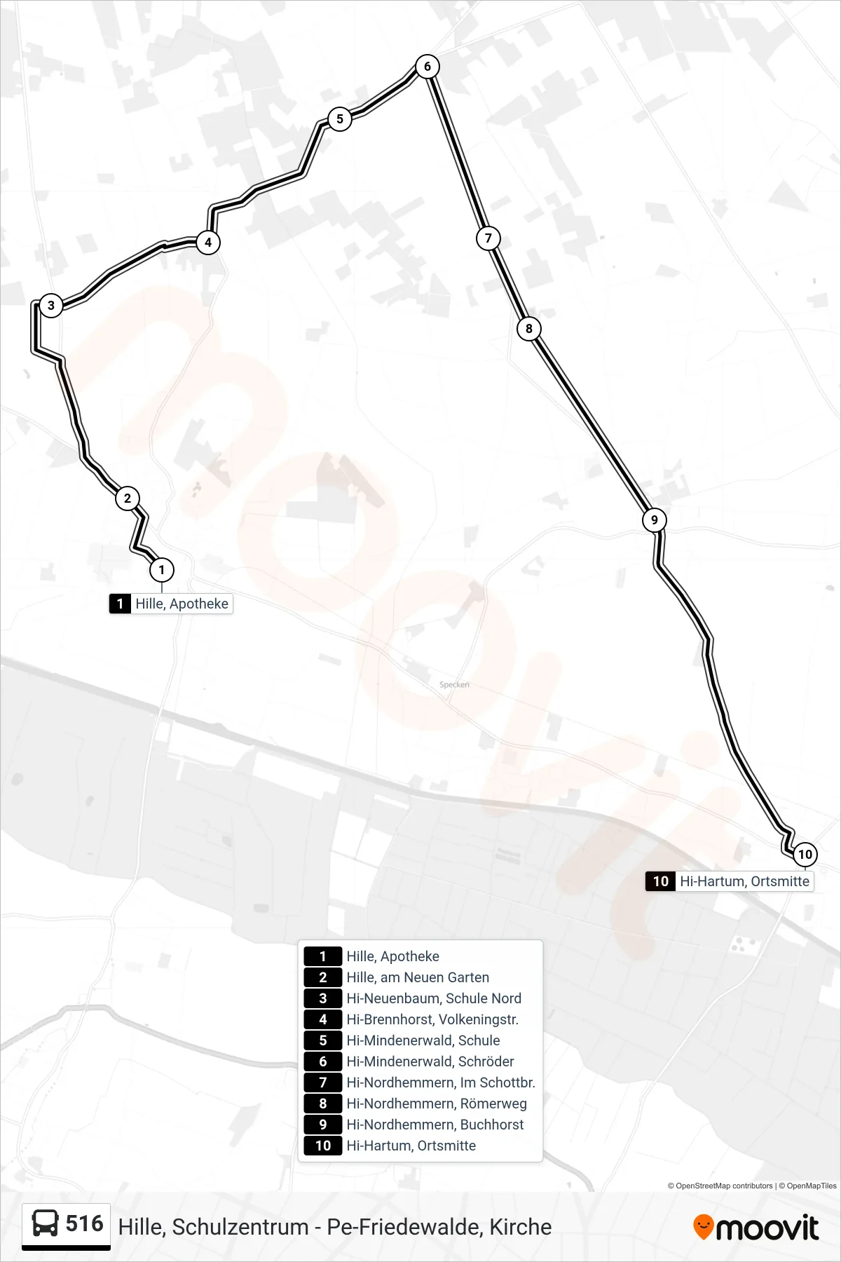 516 bus Line (Zob Minden Über Mindenerwald) route and stops on a map
