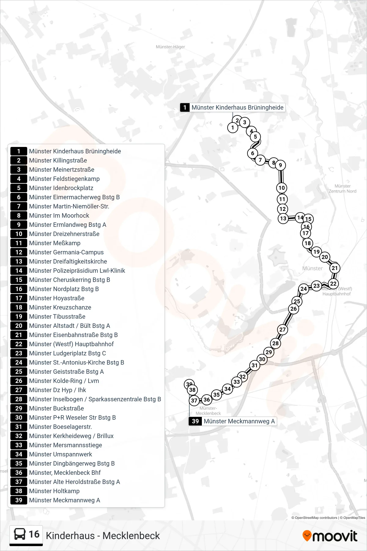 Linie 16 (Bus) Richtung Mecklenbeck Meckmannweg: Route und Haltestellen auf der Karte