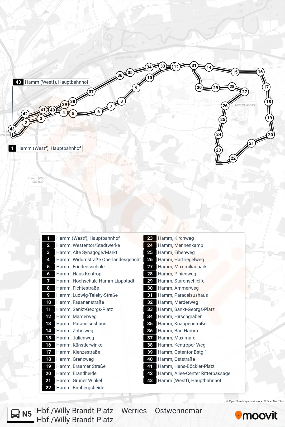 Linie N5 (Bus) Richtung Hamm (Westf), Hauptbahnhof Bstg 6: Route und Haltestellen auf der Karte