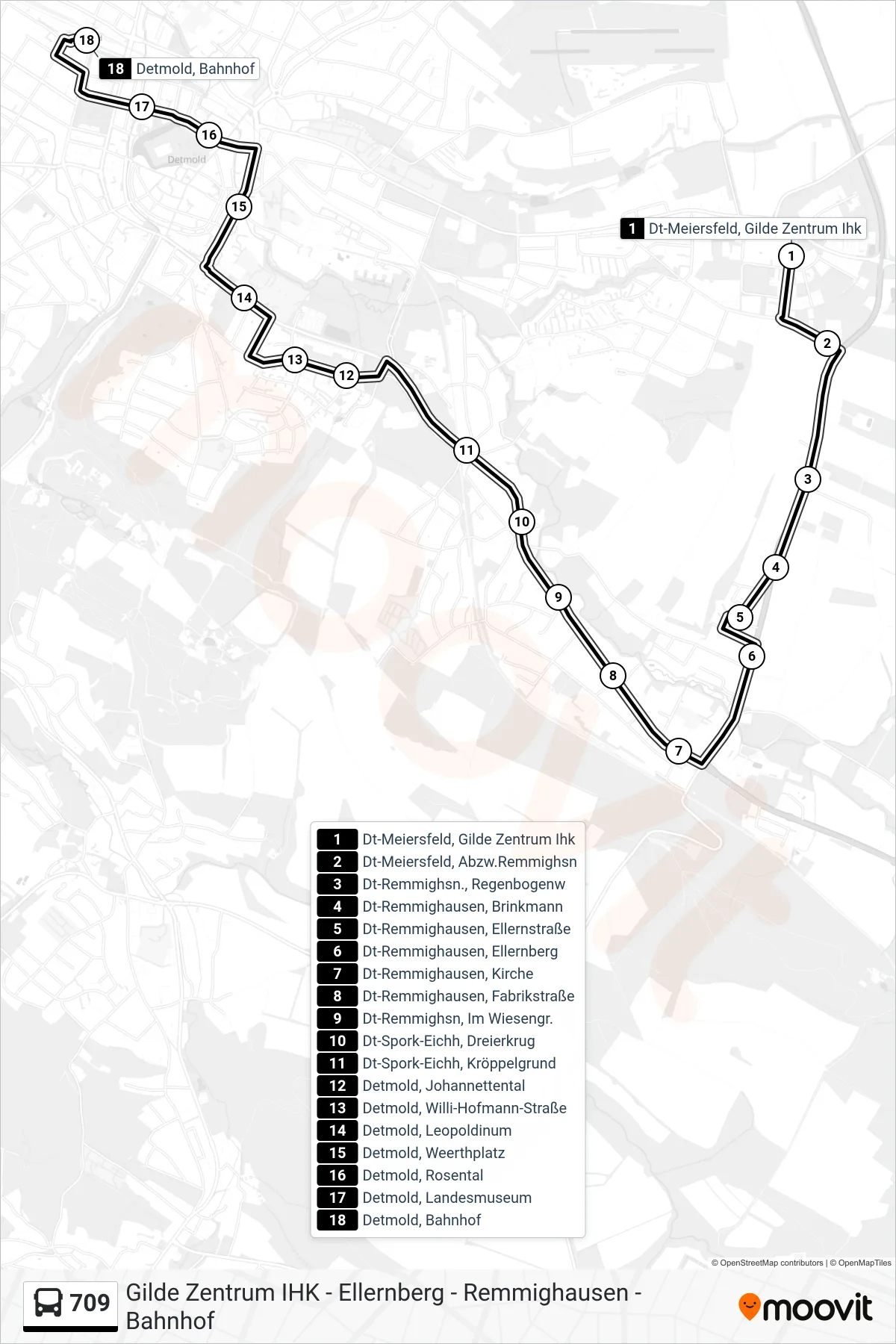 709 bus Line (Detmold, Bahnhof Steig 3) route and stops on a map