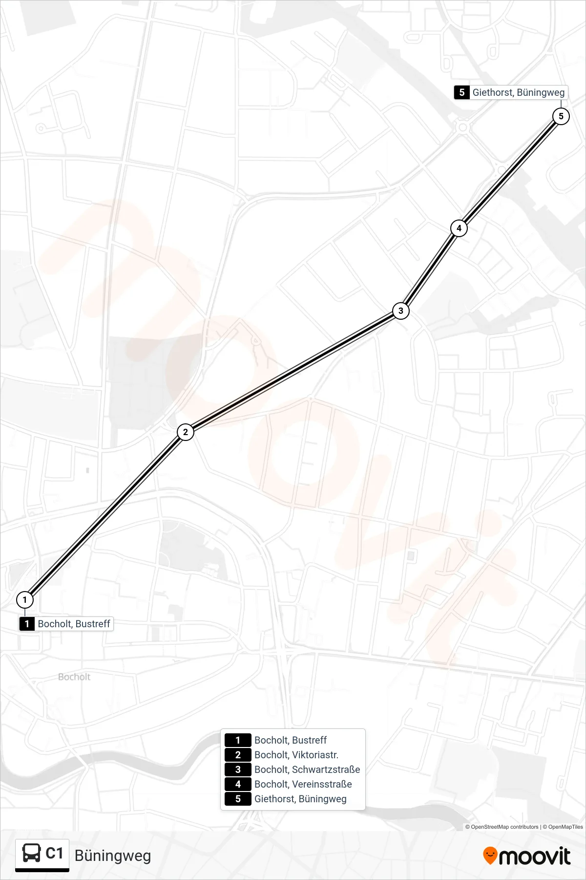 Linie C1 (Tram) Richtung Büningweg: Route und Haltestellen auf der Karte
