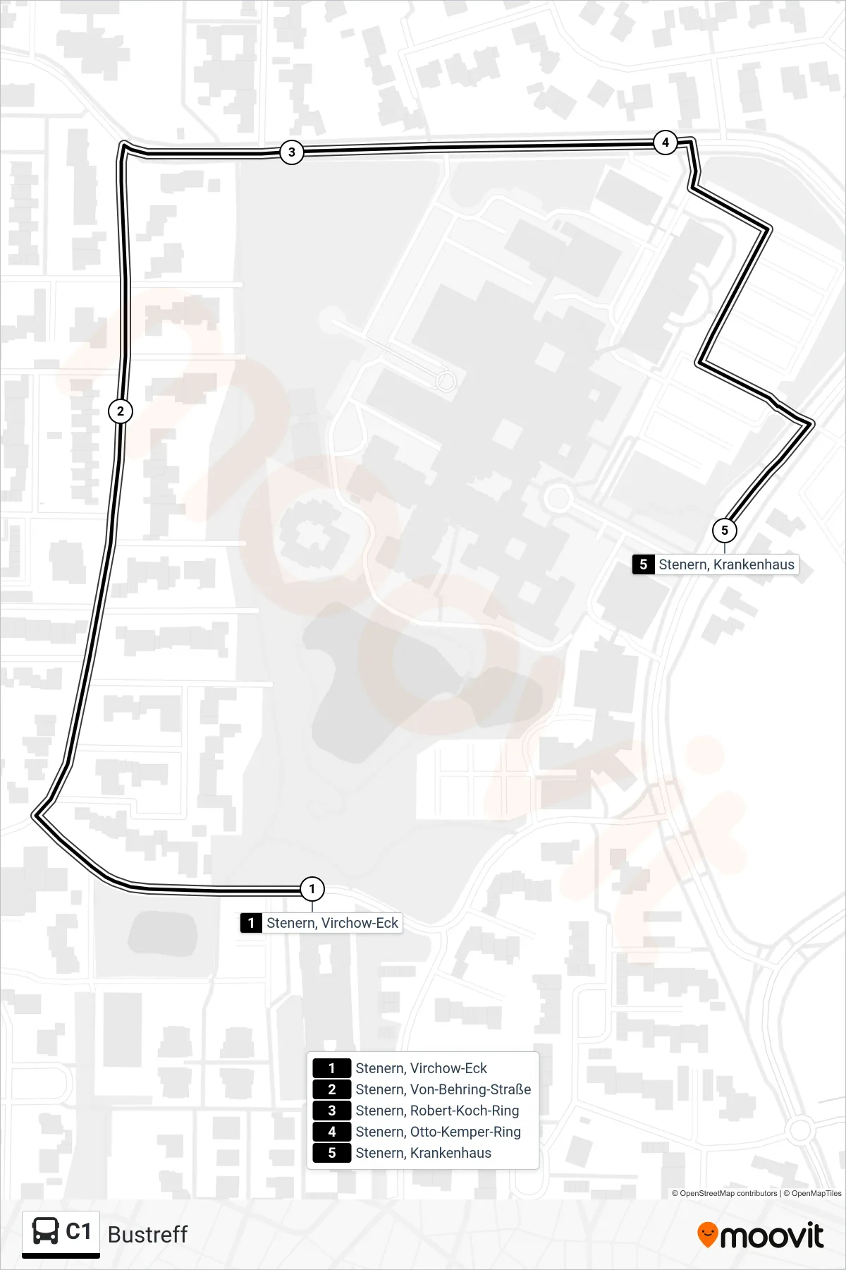 C1 tram Line (Bustreff) route and stops on a map