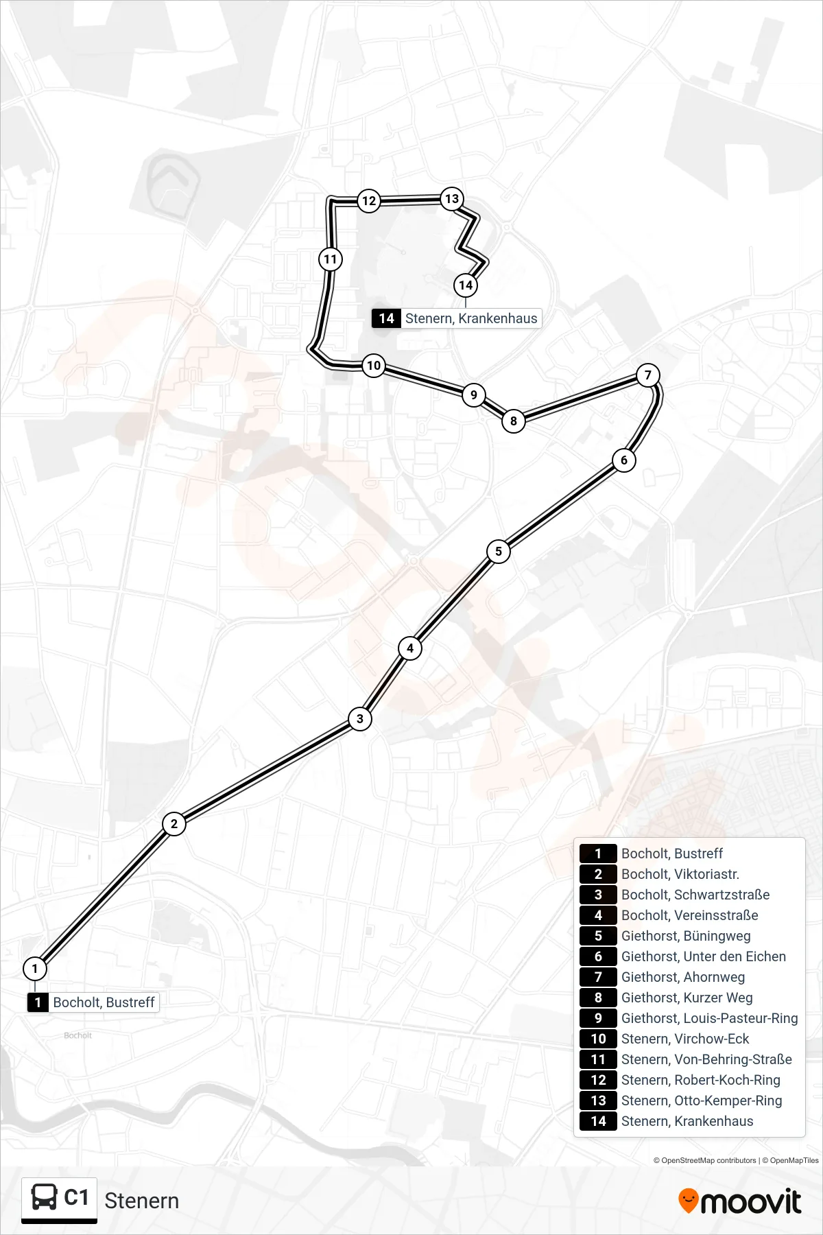C1 tram Line (Stenern) route and stops on a map