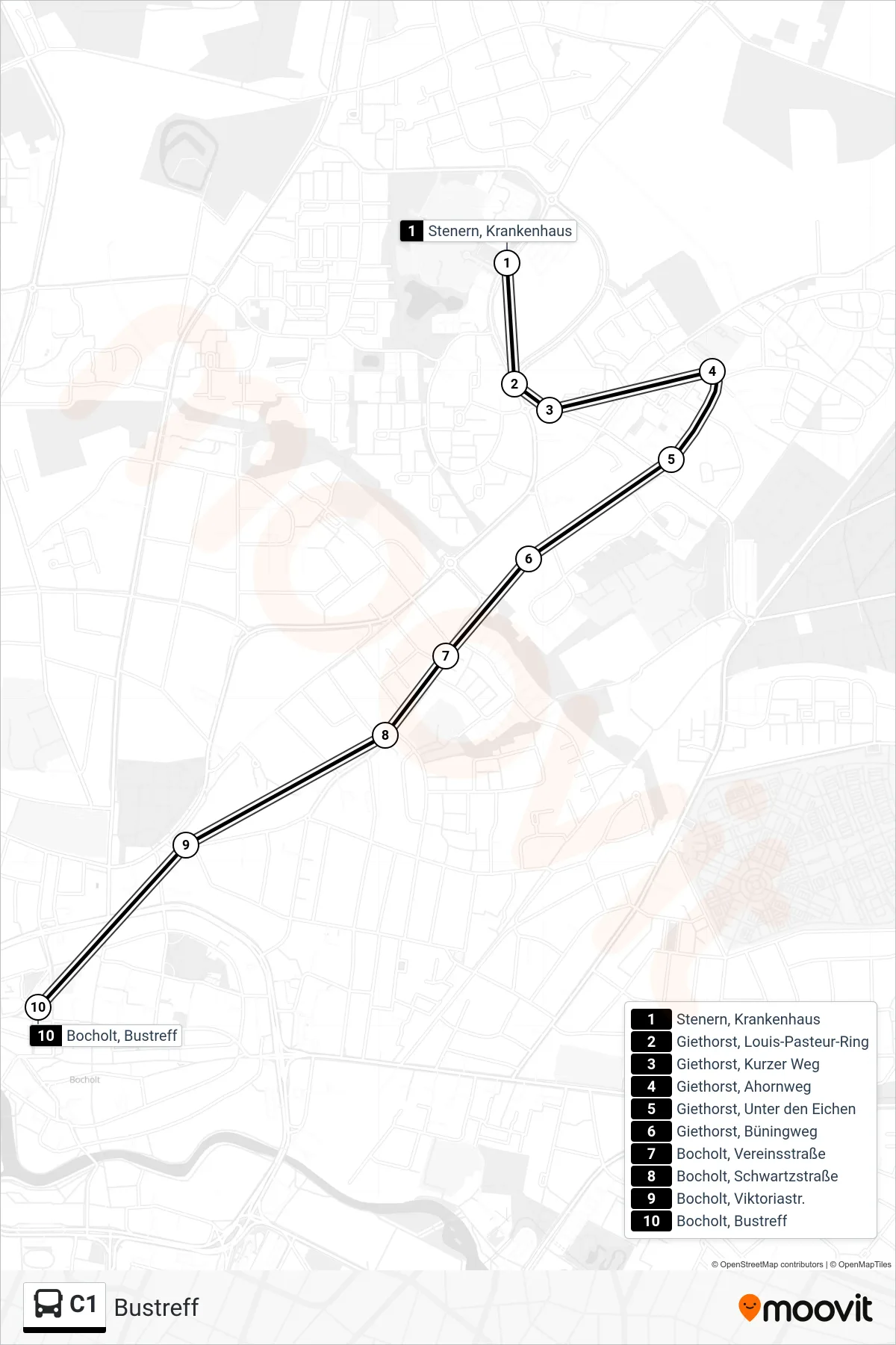 C1 tram Line (Bustreff) route and stops on a map