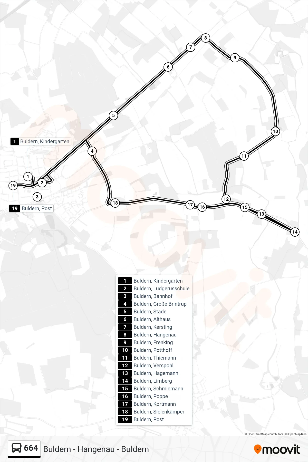 664 bus Line (Buldern, Post) route and stops on a map