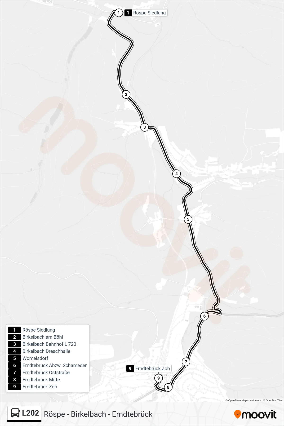 L202 bus Line (Erndtebrück Zob) route and stops on a map