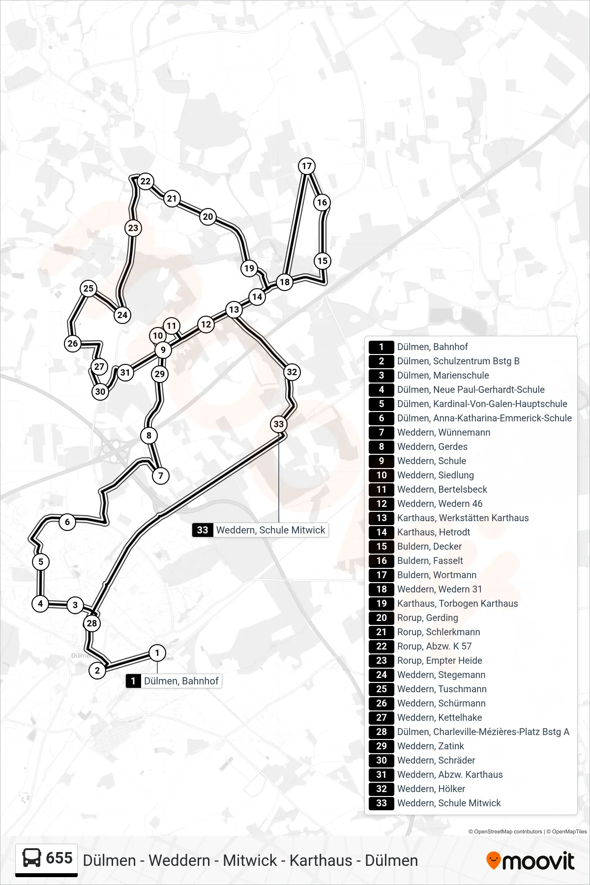 655 bus Line (Dülmen, Charleville-Mézières-Platz Bstg A) route and stops on a map