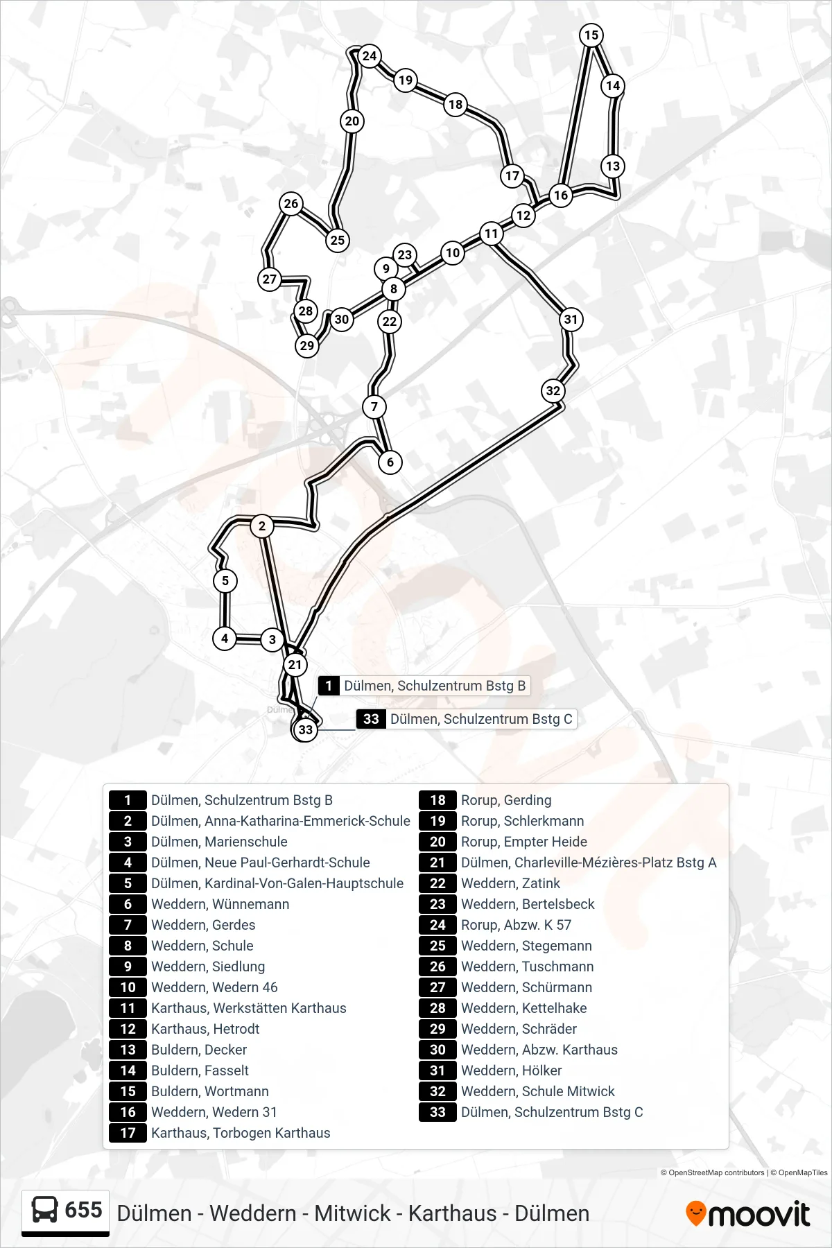Linie 655 (Bus) Richtung Dülmen, Schulzentrum Bstg C: Route und Haltestellen auf der Karte