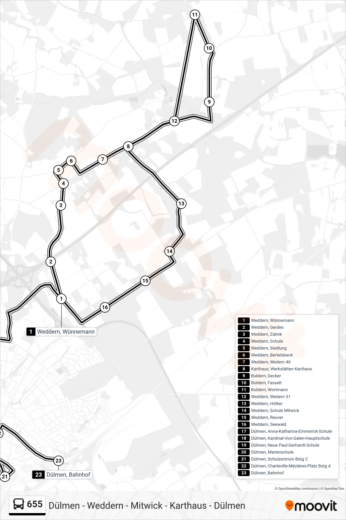 Linie 655 (Bus) Richtung Dülmen, Bahnhof: Route und Haltestellen auf der Karte