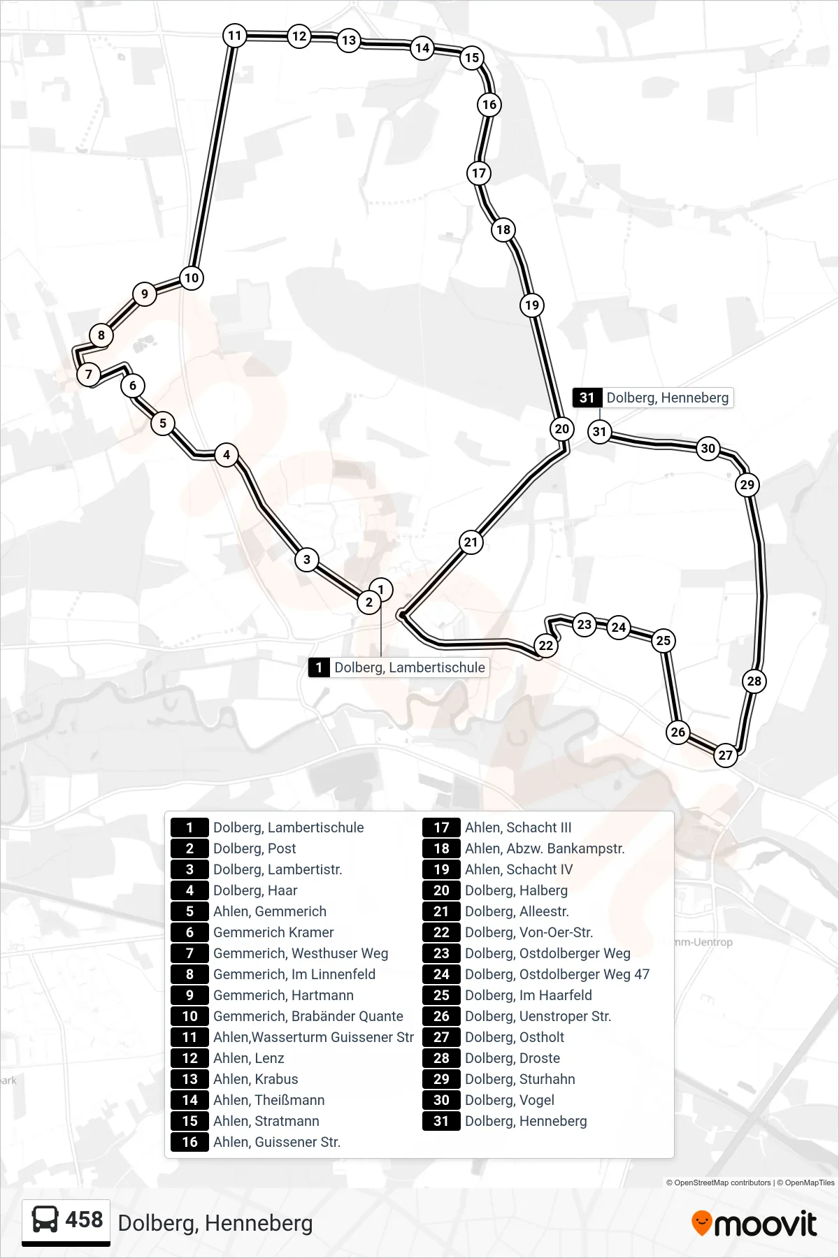 Linie 458 (Tram) Richtung Dolberg, Henneberg: Route und Haltestellen auf der Karte