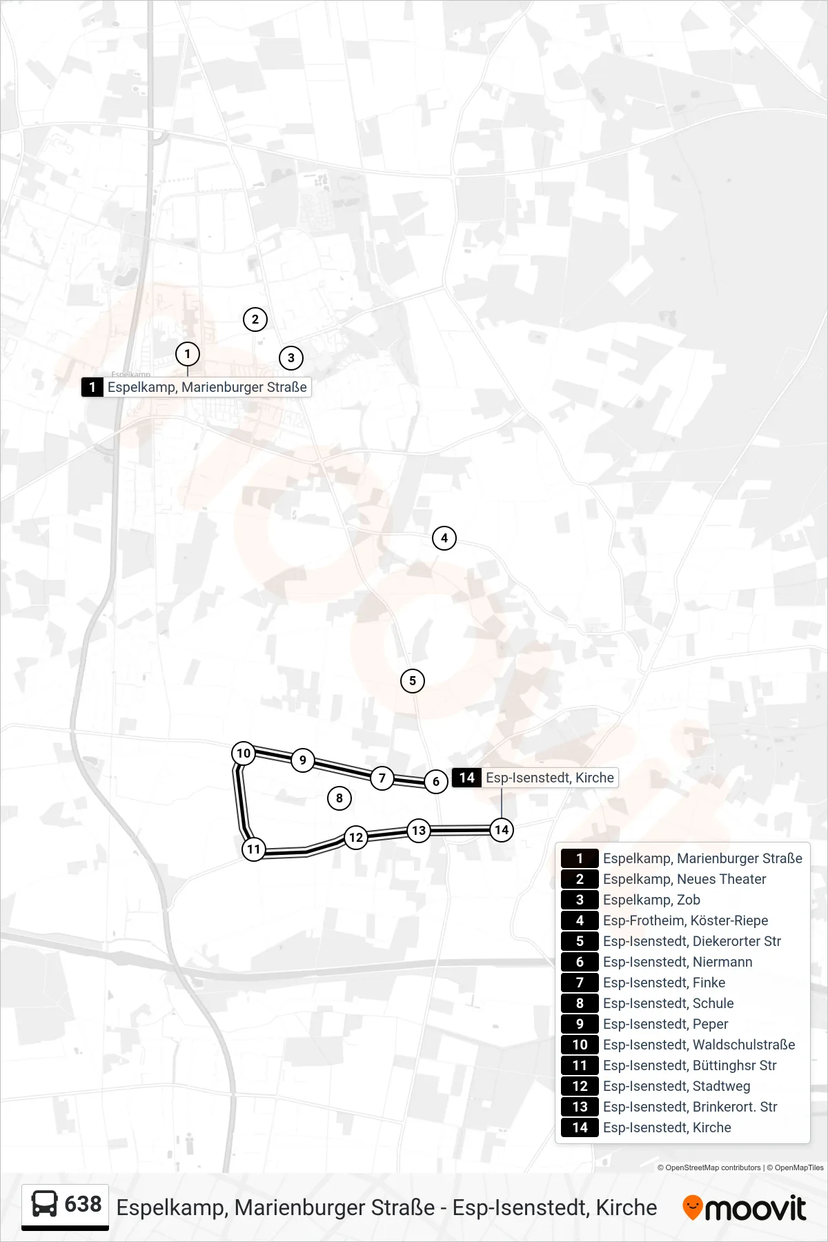 638 bus Line (Isenstedt Kirche) route and stops on a map