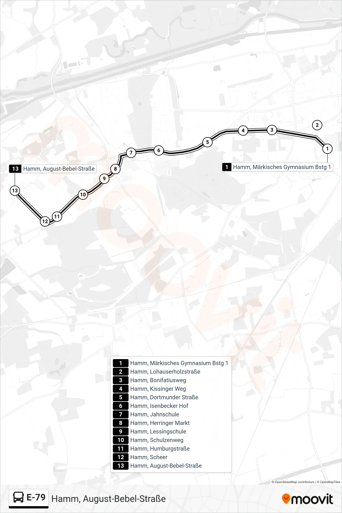Linie E-79 (Bus) Richtung Hamm, August-Bebel-Straße: Route und Haltestellen auf der Karte