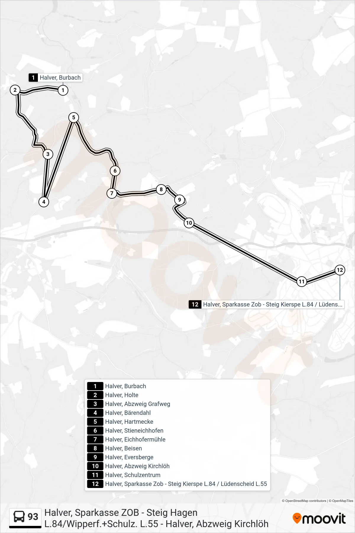93 bus Line (Halver, Sparkasse Zob - Steig Kierspe L.84 / Lüdenscheid L.55) route and stops on a map