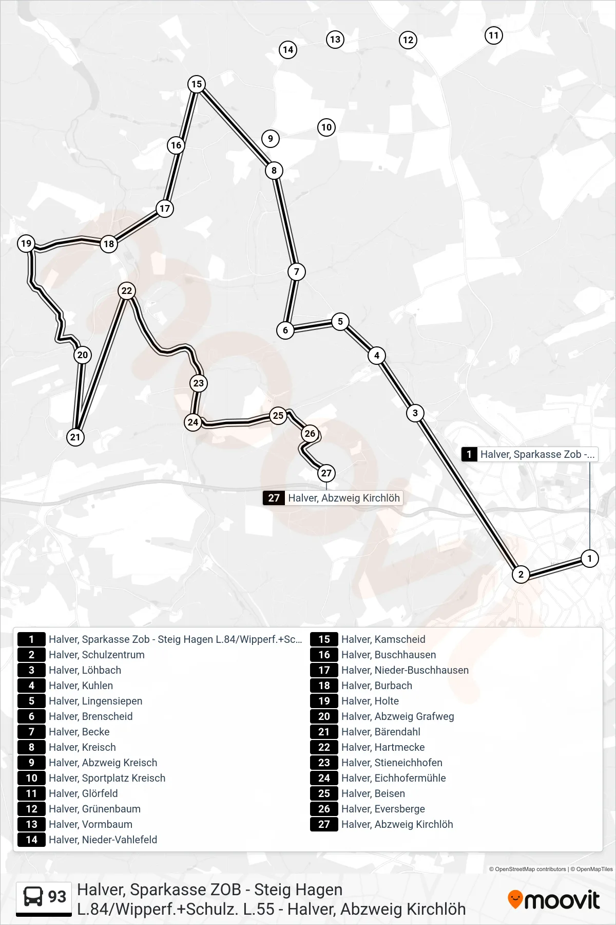 Linie 93 (Bus) Richtung Halver, Abzweig Kirchlöh: Route und Haltestellen auf der Karte