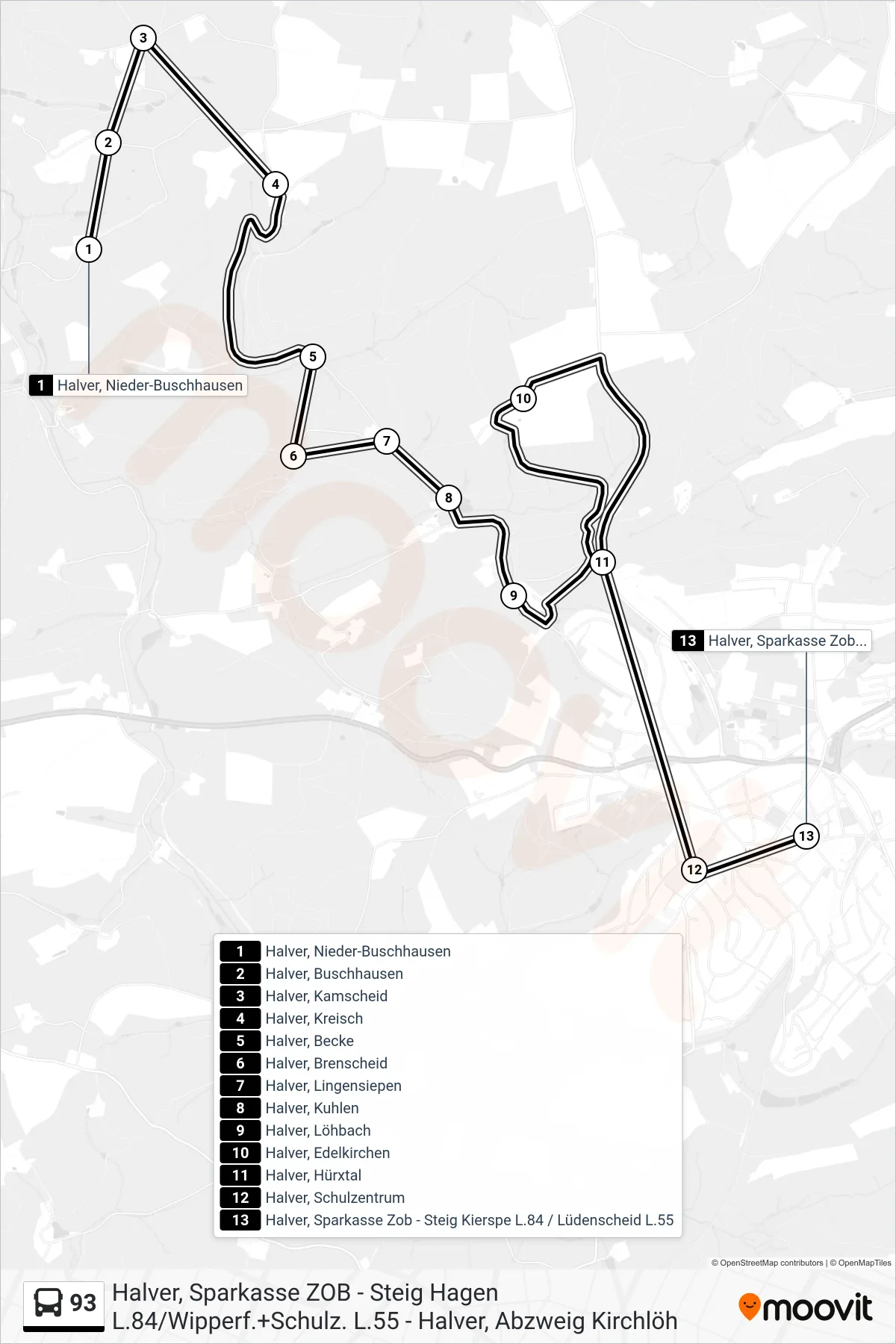 Linie 93 (Bus) Richtung Halver, Sparkasse Zob - Steig Kierspe L.84 / Lüdenscheid L.55: Route und Haltestellen auf der Karte
