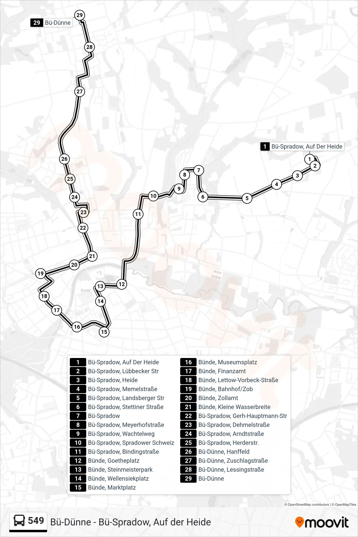 549 bus Line (Bü-Dünne) route and stops on a map