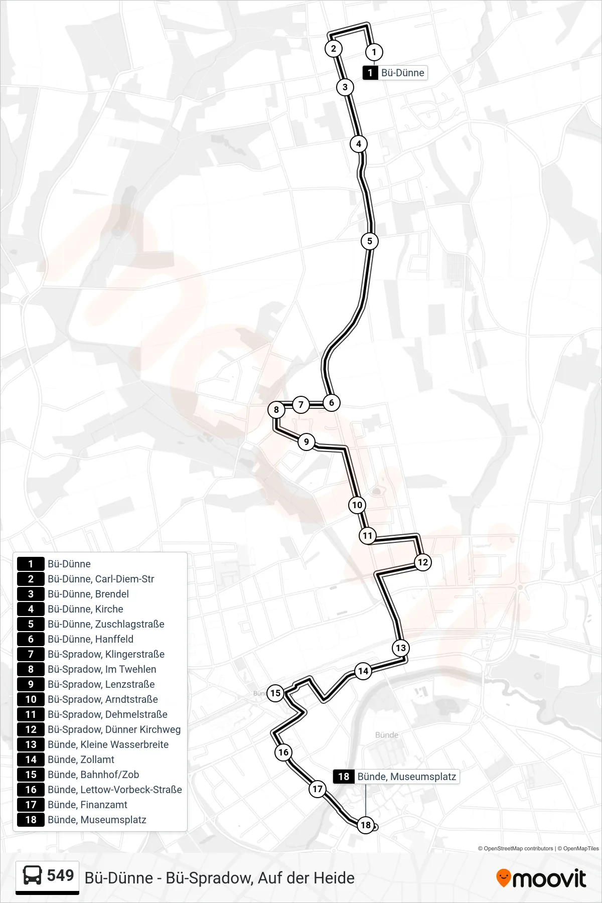 549 bus Line (Bünde, Museumsplatz) route and stops on a map