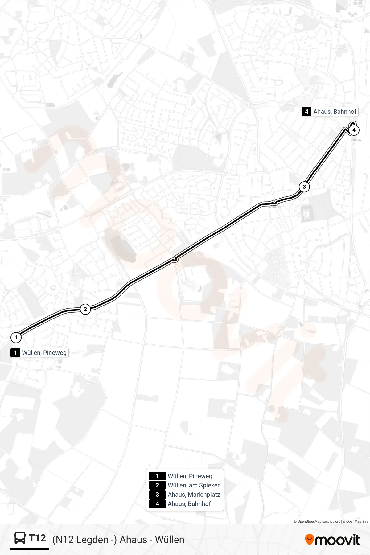 Linie T12 (Bus) Richtung Ahaus, Bahnhof Bstg C2: Route und Haltestellen auf der Karte