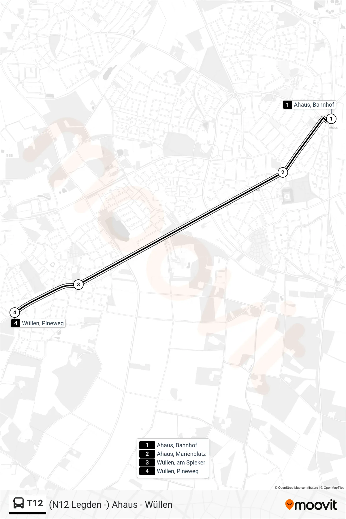 T12 bus Line (Wüllen, Pineweg) route and stops on a map