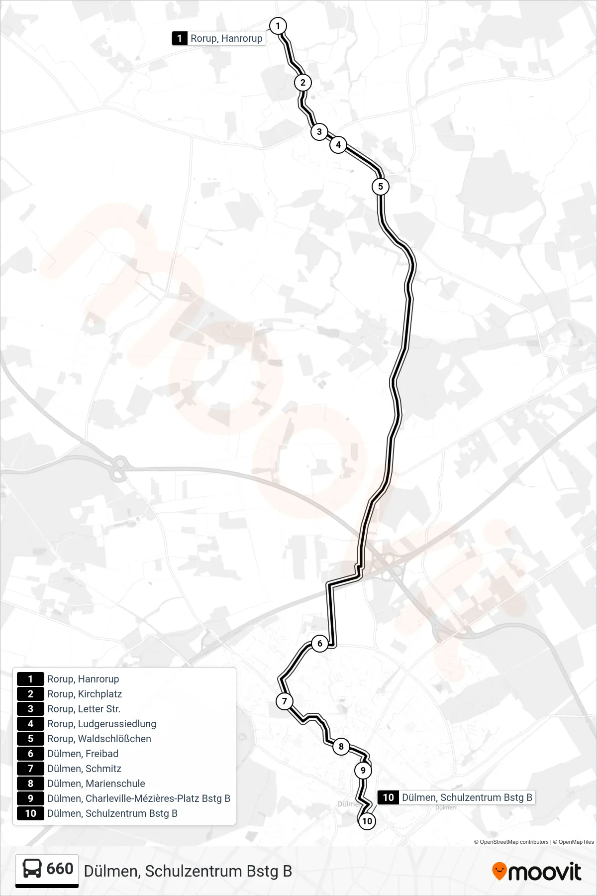 Linie 660 (Bus) Richtung Dülmen, Schulzentrum Bstg B: Route und Haltestellen auf der Karte