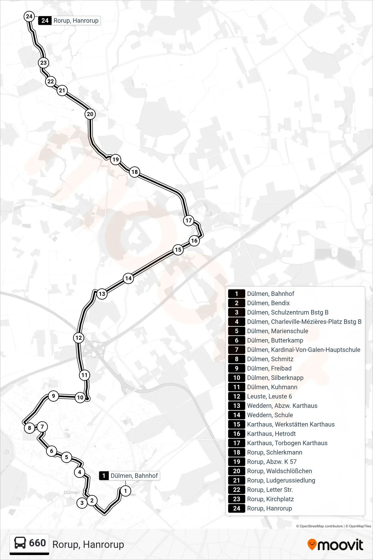 660 bus Line (Rorup, Hanrorup) route and stops on a map