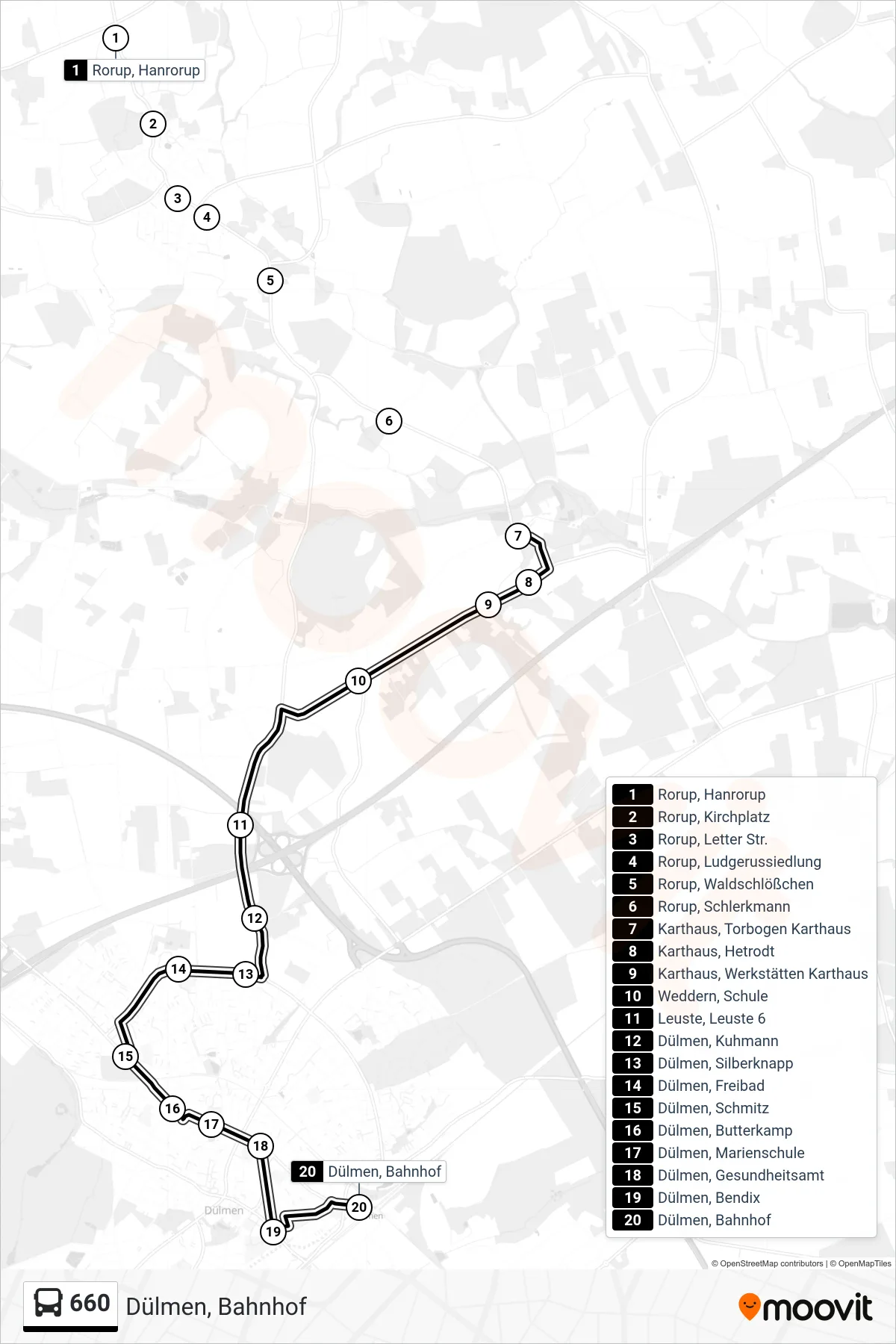 Linie 660 (Bus) Richtung Dülmen, Bahnhof: Route und Haltestellen auf der Karte