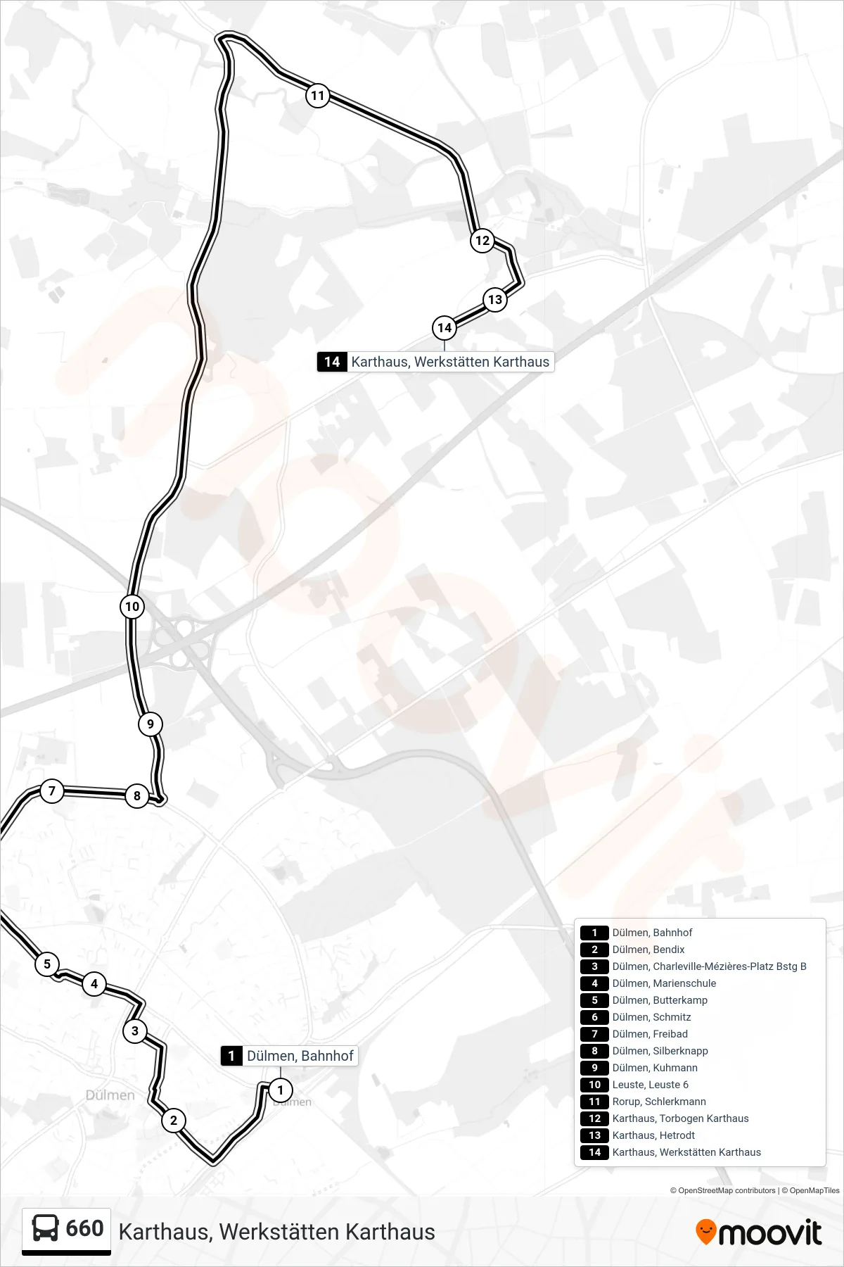 660 bus Line (Karthaus, Werkstätten Karthaus) route and stops on a map