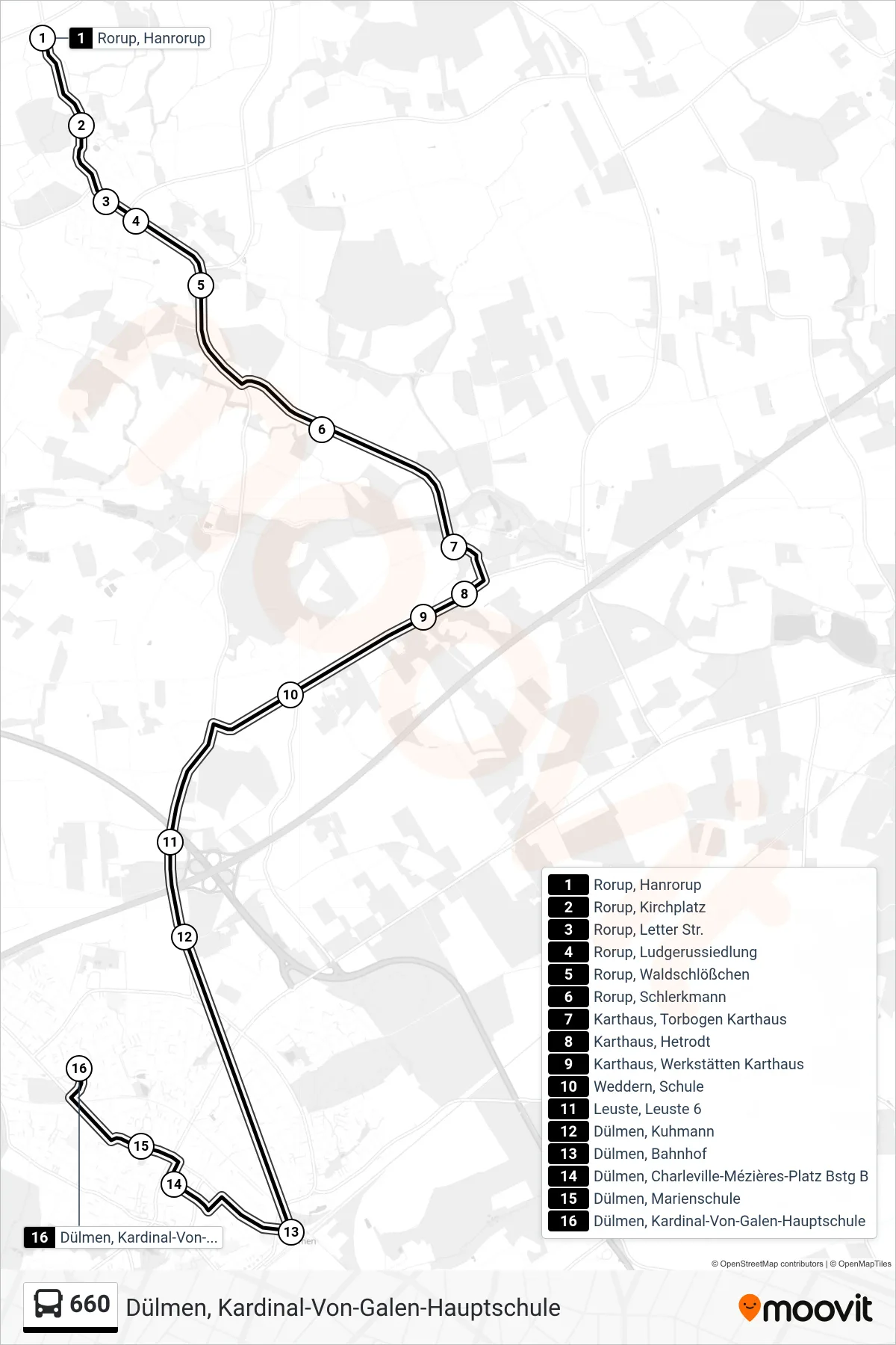 660 bus Line (Dülmen, Kardinal-Von-Galen-Hauptschule) route and stops on a map