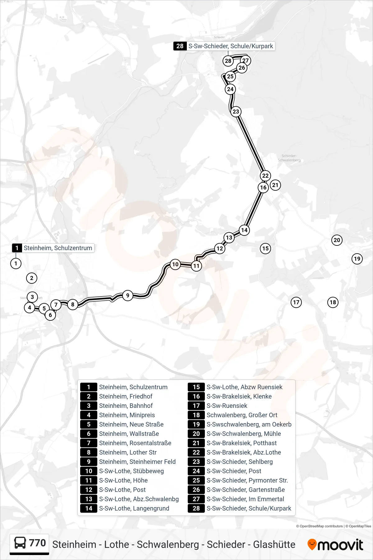 770 bus Line (S-Sw-Schieder, Schule/Kurpark) route and stops on a map