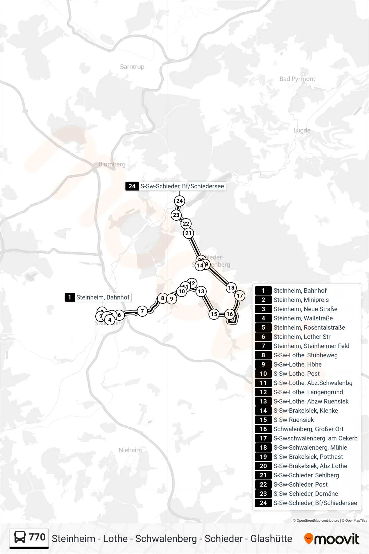 770 bus Line (S-Sw-Schieder, Bf/Schiedersee) route and stops on a map
