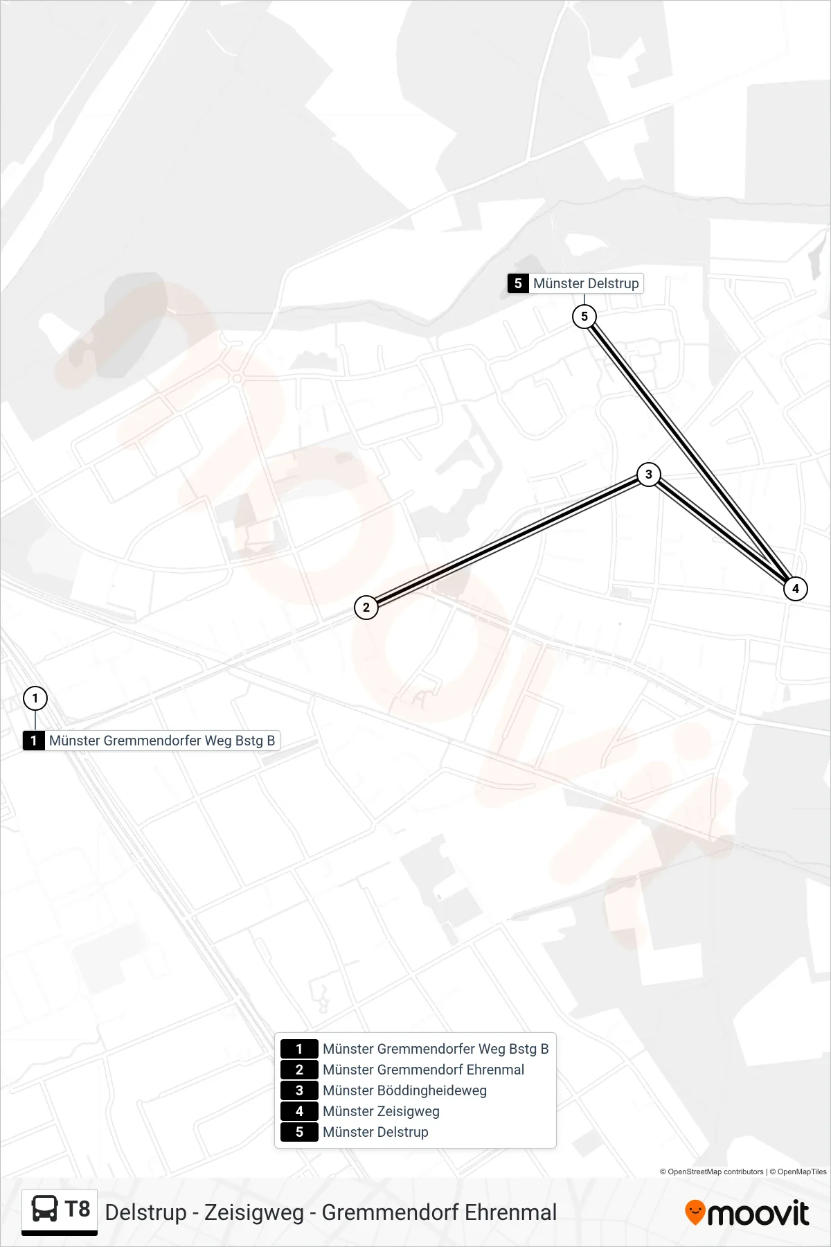 T8 bus Line (Taxibus) route and stops on a map