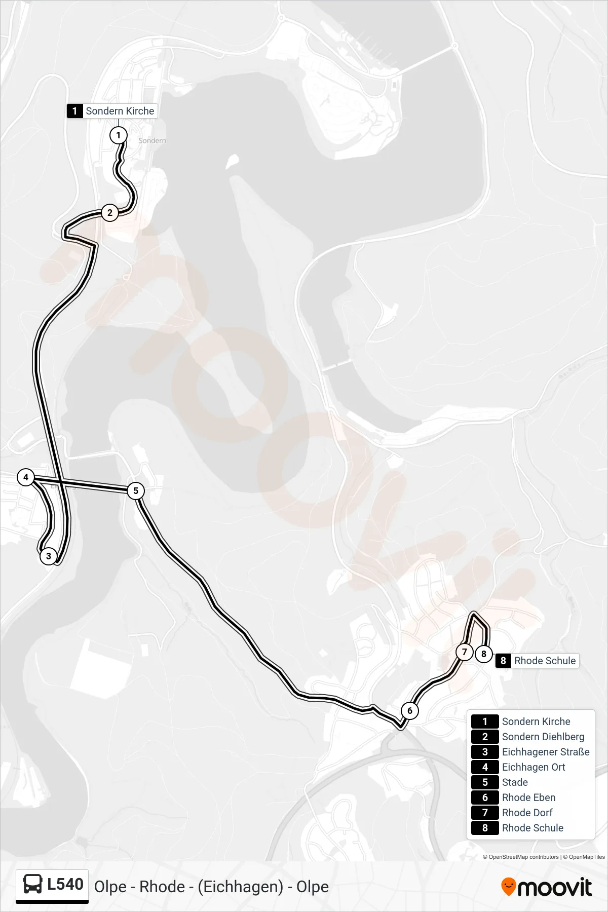 L540 bus Line (Rhode Schule) route and stops on a map