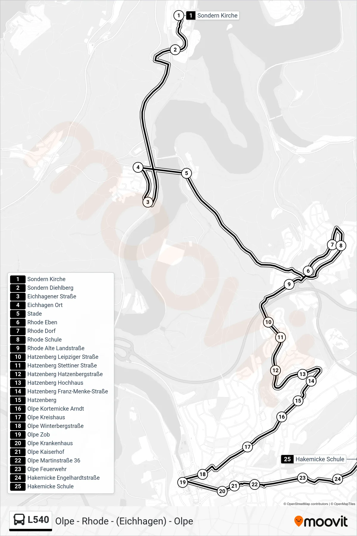L540 bus Line (Hakemicke Schule) route and stops on a map