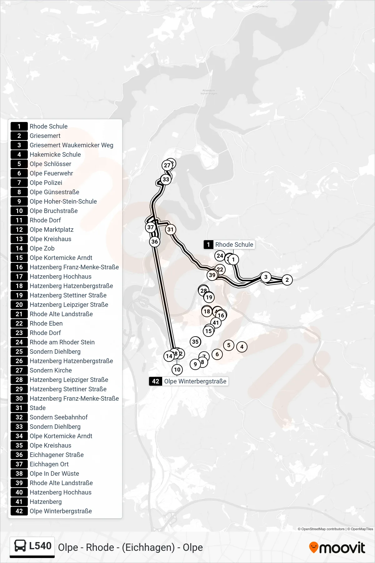 L540 bus Line (Olpe Zob Bstg 9) route and stops on a map