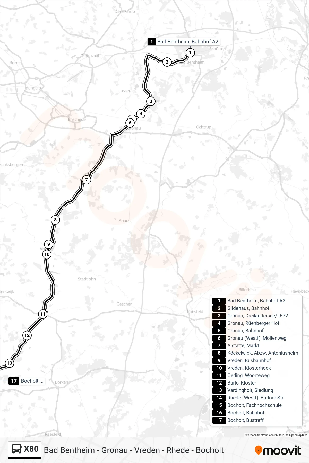 X80 bus Line (Bocholt, Bustreff Bstg A1) route and stops on a map