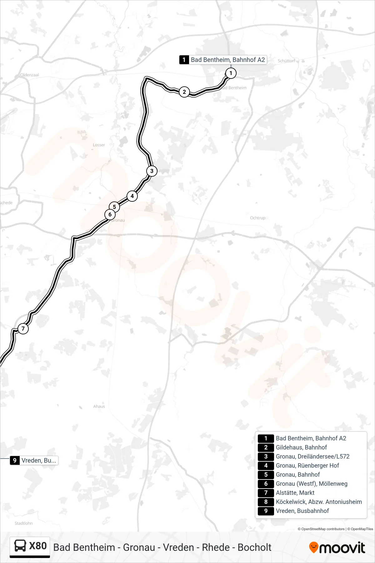 X80 bus Line (Vreden, Busbahnhof Bstg A) route and stops on a map