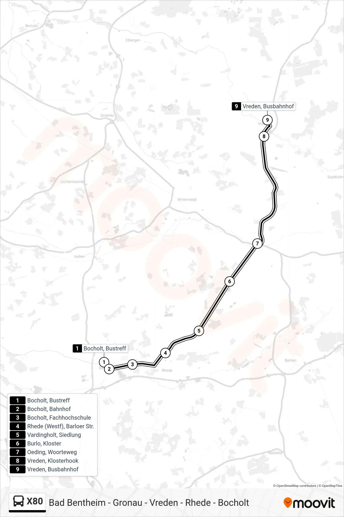 X80 bus Line (Vreden, Busbahnhof Bstg C) route and stops on a map