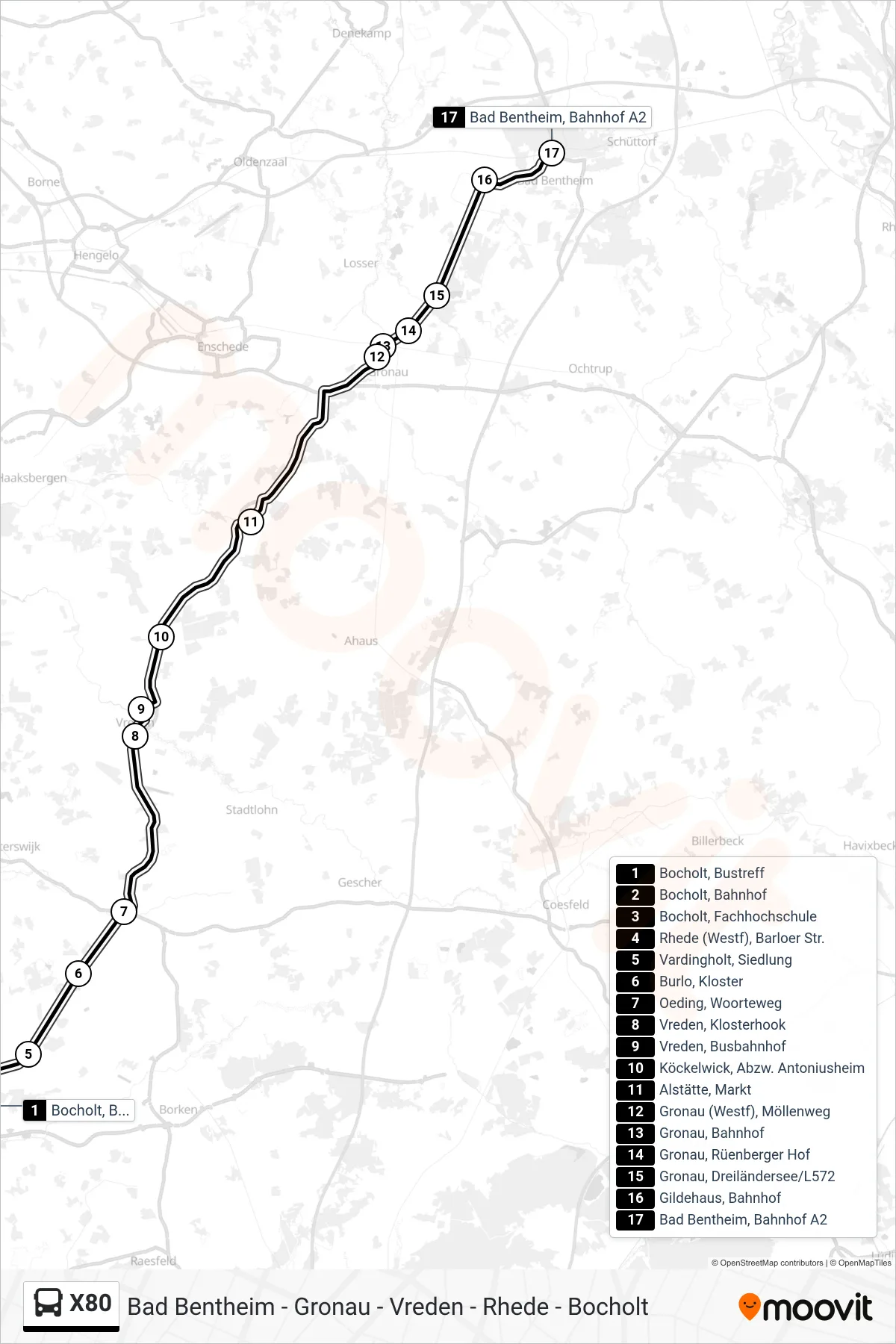 X80 bus Line (Bad Bentheim, Bahnhof A2) route and stops on a map
