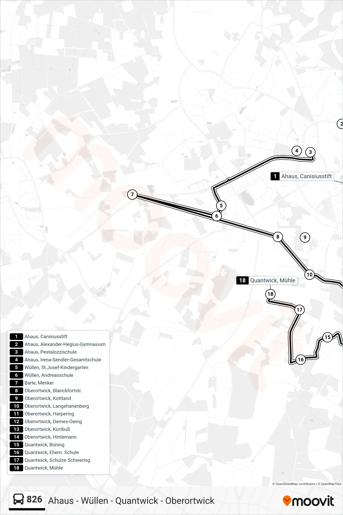826 bus Line (Quantwick, Mühle) route and stops on a map